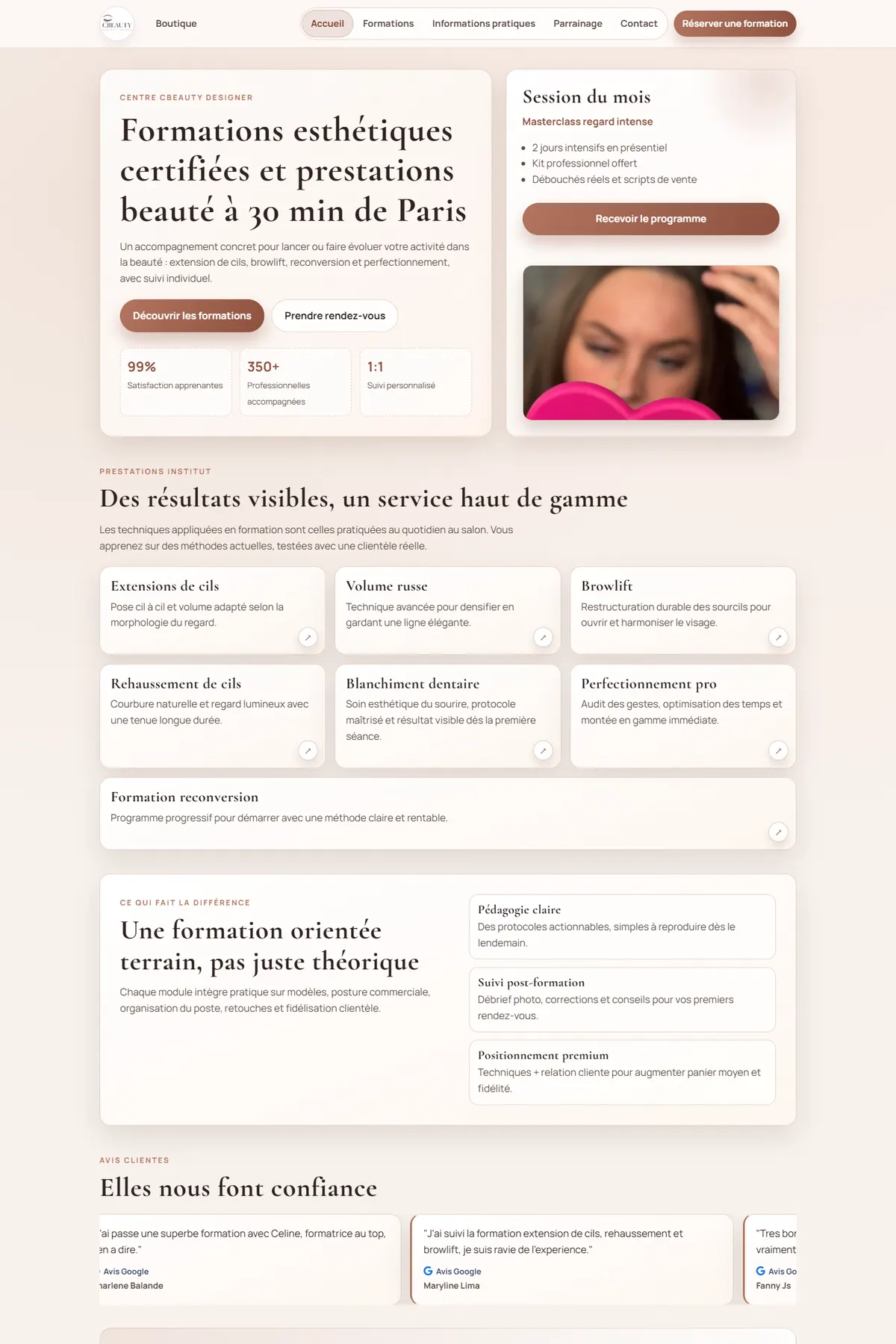 Page d'accueil du site CBeauty Formation